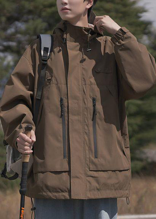Spring Pockets Cotton Loose Coat Men Hooded Zippered Brown