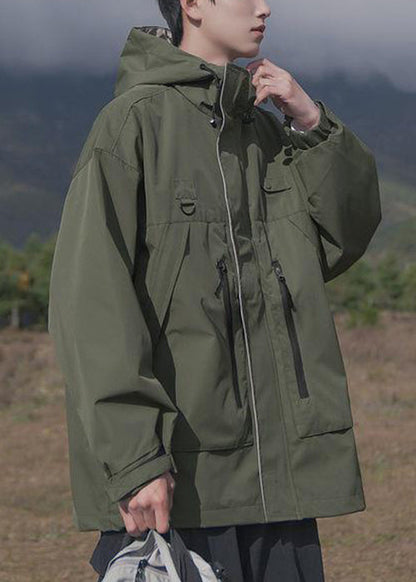 Spring Pockets Cotton Loose Coat Men Hooded Zippered Brown