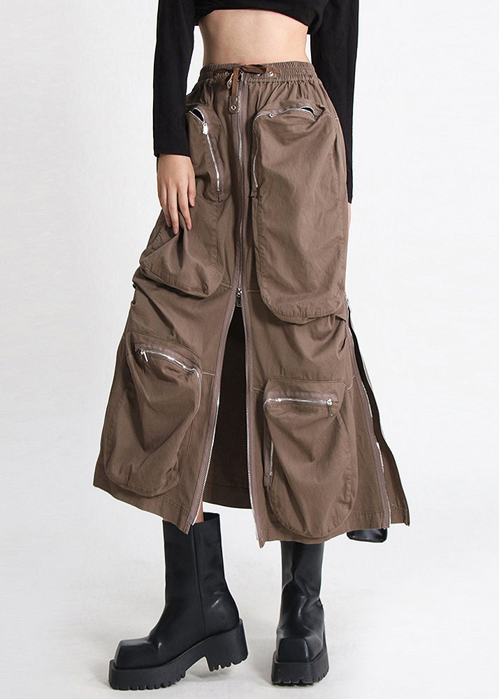 Cotton Waist Skirt Pockets Brown Loose Zippered Elastic Summer