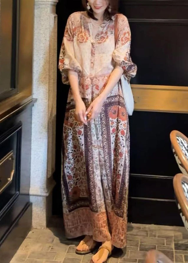 Dress Button Pockets Cotton Long Half Loose Sleeve Print