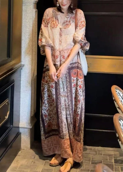 Dress Button Pockets Cotton Long Half Loose Sleeve Print