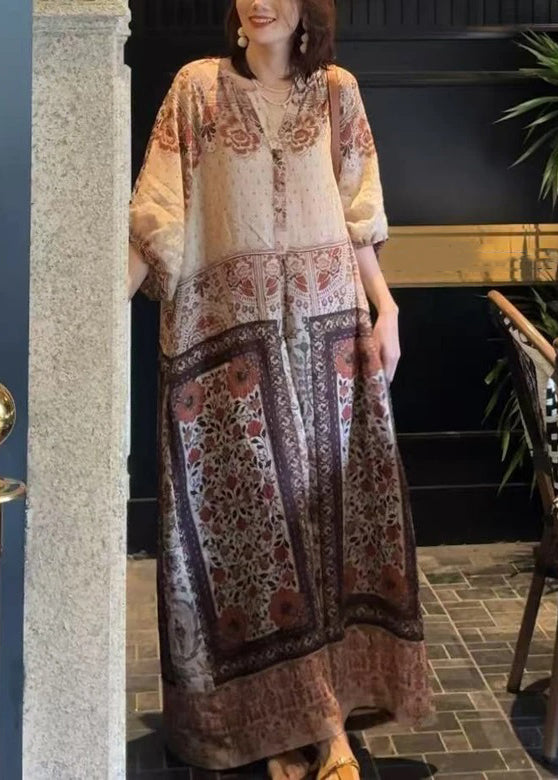 Dress Button Pockets Cotton Long Half Loose Sleeve Print