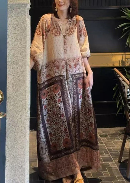 Dress Button Pockets Cotton Long Half Loose Sleeve Print