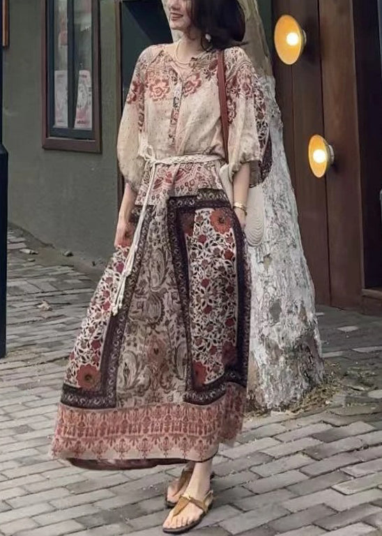 Dress Button Pockets Cotton Long Half Loose Sleeve Print