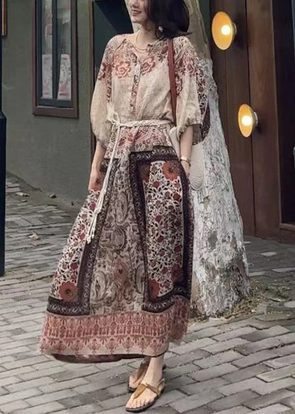 Dress Button Pockets Cotton Long Half Loose Sleeve Print