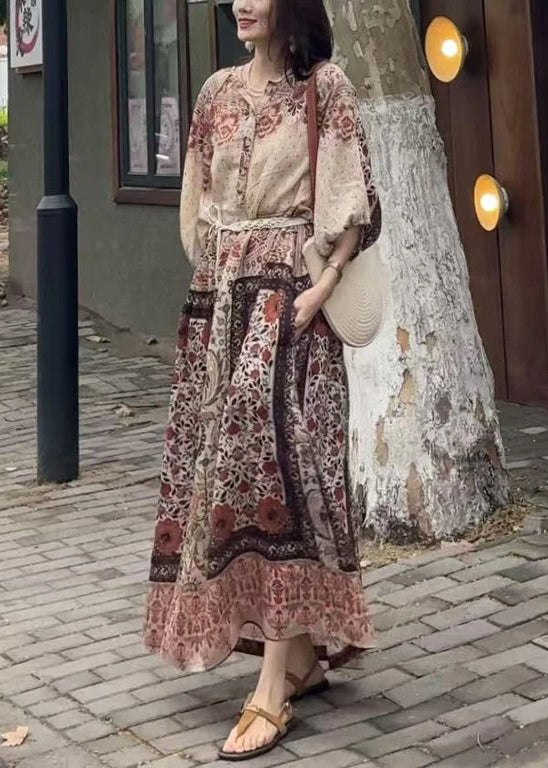 Dress Button Pockets Cotton Long Half Loose Sleeve Print