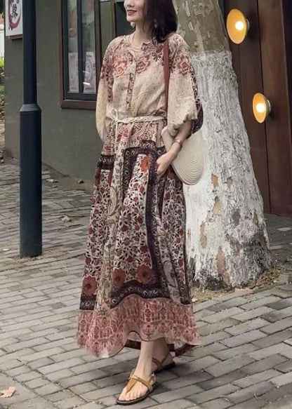 Dress Button Pockets Cotton Long Half Loose Sleeve Print