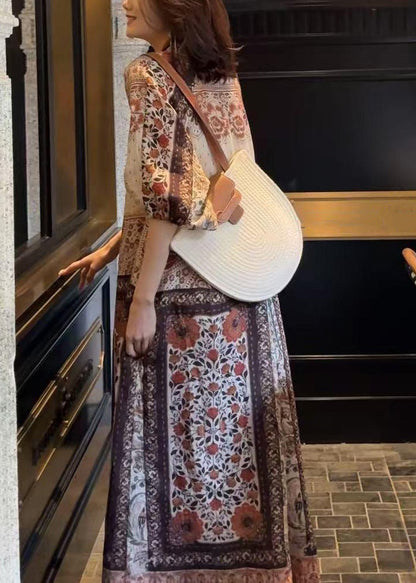 Dress Button Pockets Cotton Long Half Loose Sleeve Print