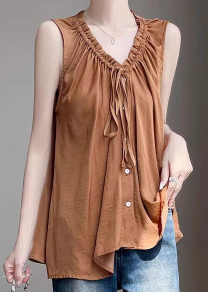 Caramel Up Ruffled Loose Shirt Sleeveless Cotton Lace