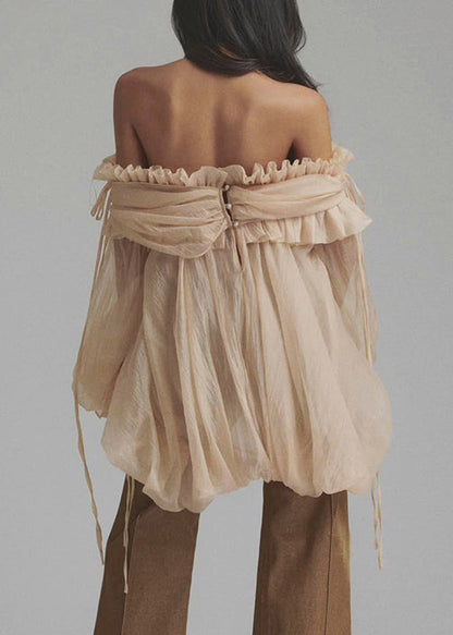 Lace Shirt Button Up Color Loose Tulle Champagne Ruffled Flare