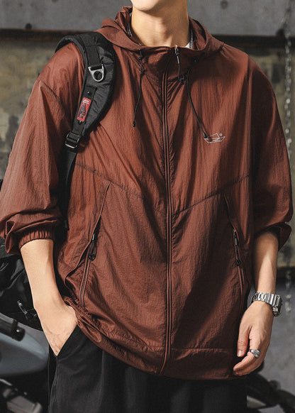 Zippered UPF Summer Hooded Loose 50+ Coat Chocolate Men