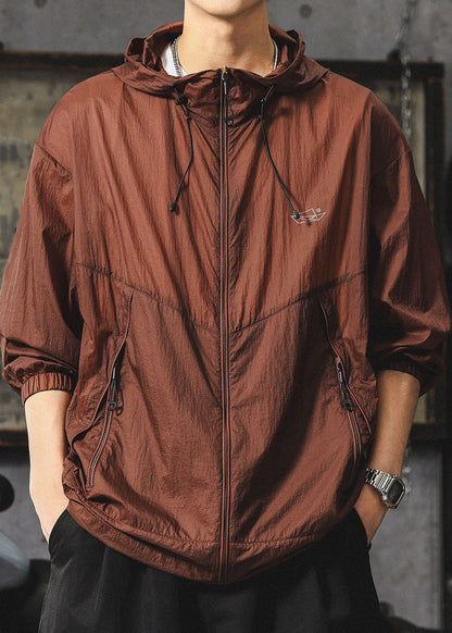 Zippered UPF Summer Hooded Loose 50+ Coat Chocolate Men
