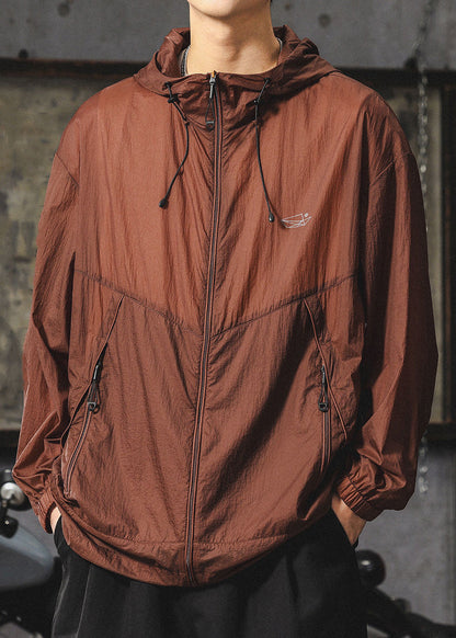 Zippered UPF Summer Hooded Loose 50+ Coat Chocolate Men