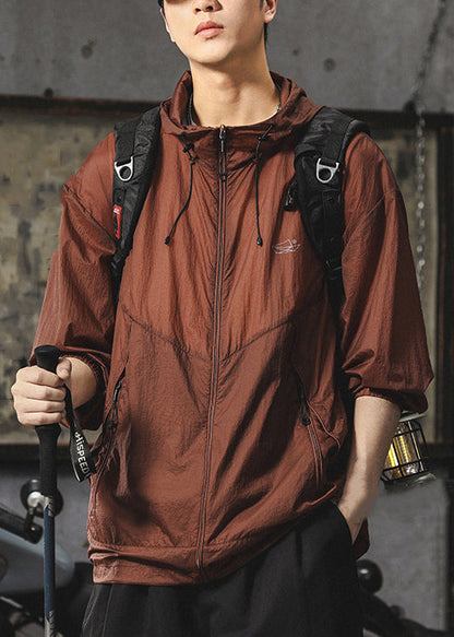 Zippered UPF Summer Hooded Loose 50+ Coat Chocolate Men