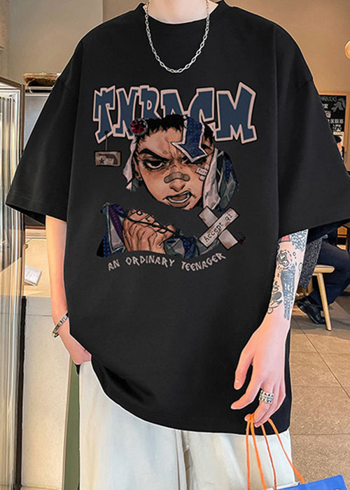 Print Half O Loose Sleeve Chocolate Shirt T Mens Neck Cotton