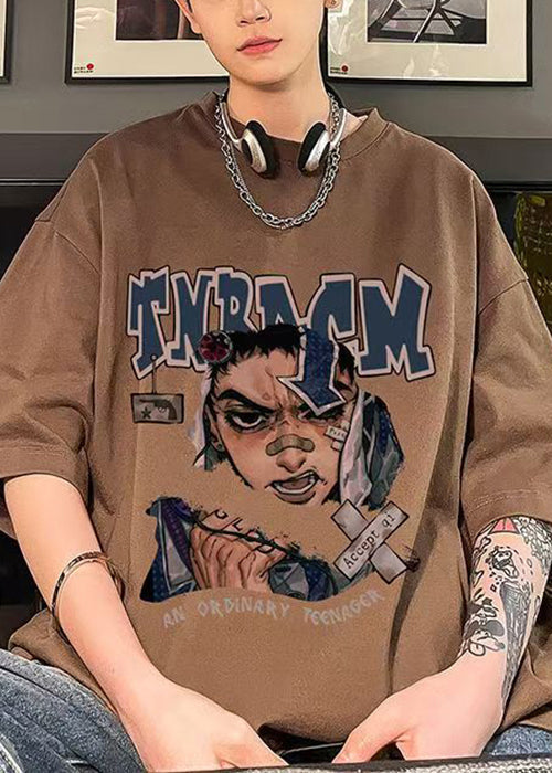 Print Half O Loose Sleeve Chocolate Shirt T Mens Neck Cotton