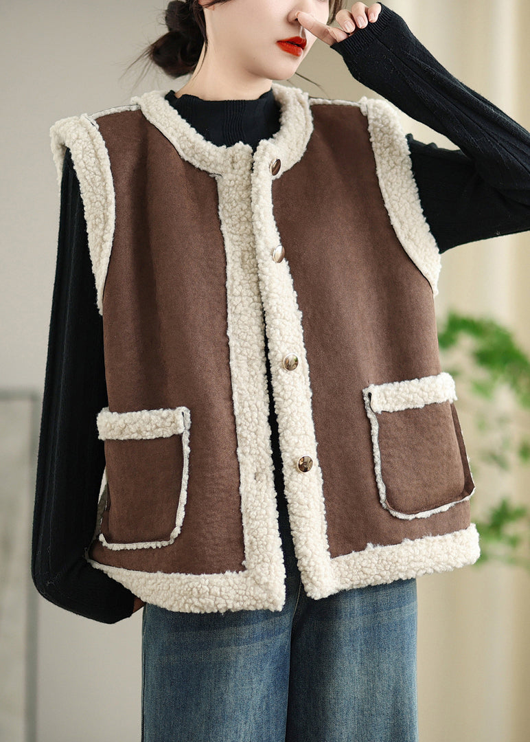 Gilet en fausse fourrure à poches boutonnées Loose Coffee sans manches WL001