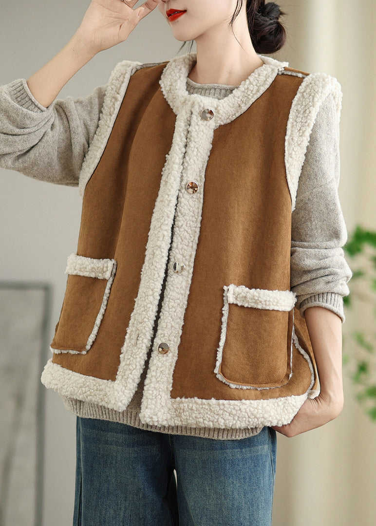 Gilet en fausse fourrure à poches boutonnées Loose Coffee sans manches WL001