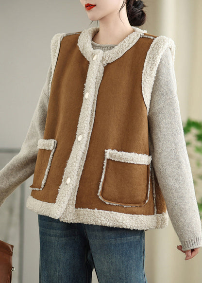 Gilet en fausse fourrure à poches boutonnées Loose Coffee sans manches WL001