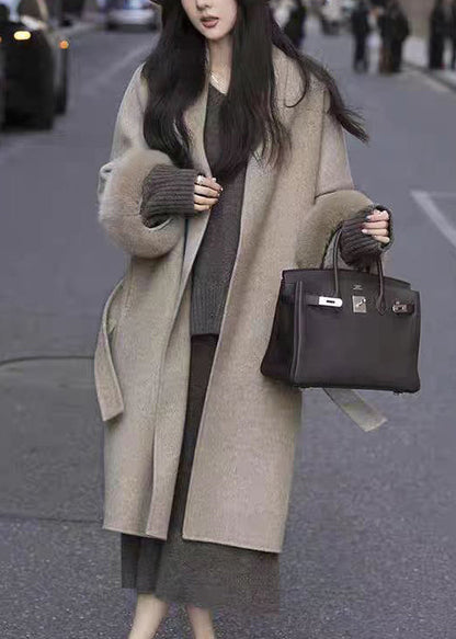 Loose Coffee Fur Collar Tie Waist Pockets Woolen Coat Spring TY015