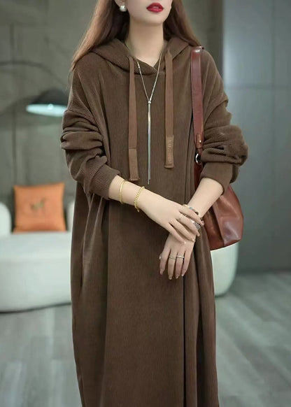 Loose Coffee Hooded Pockets Solid Long Dress Winter WM011