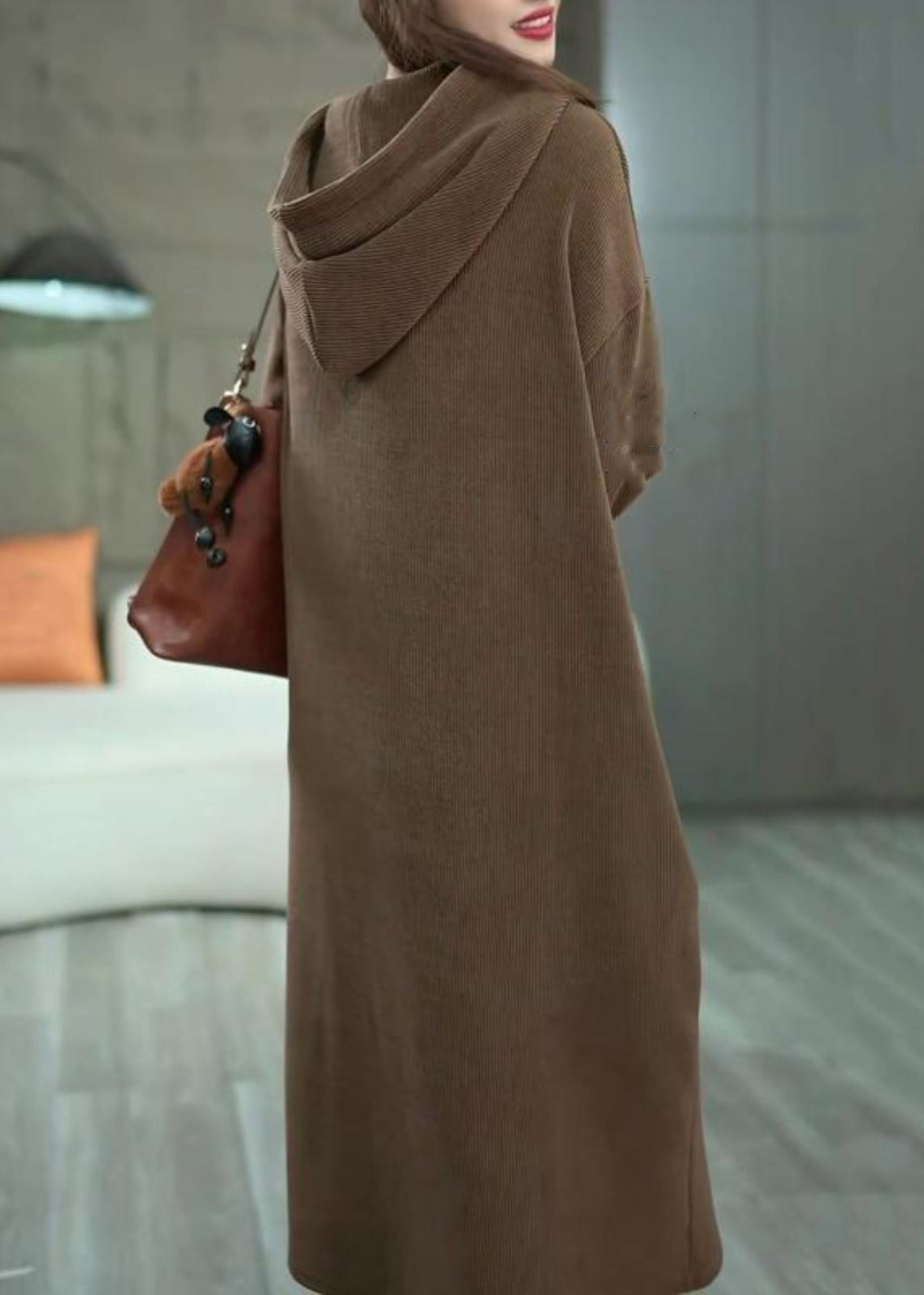 Loose Coffee Hooded Pockets Solid Long Dress Winter WM011