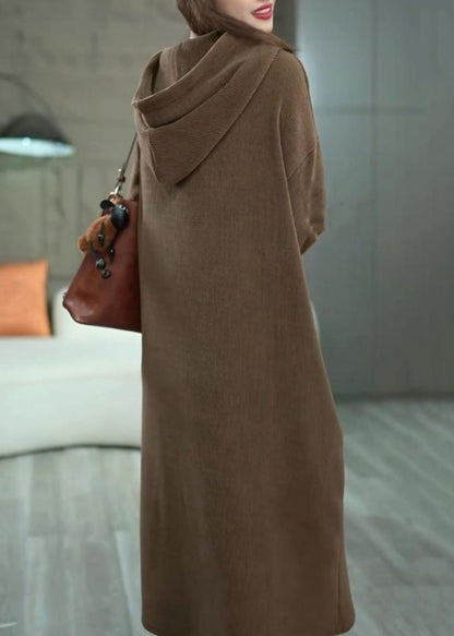 Loose Coffee Hooded Pockets Solid Long Dress Winter WM011