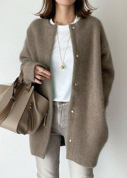 Loose Coffee O Neck Button Solid Woolen Coat Spring TF031