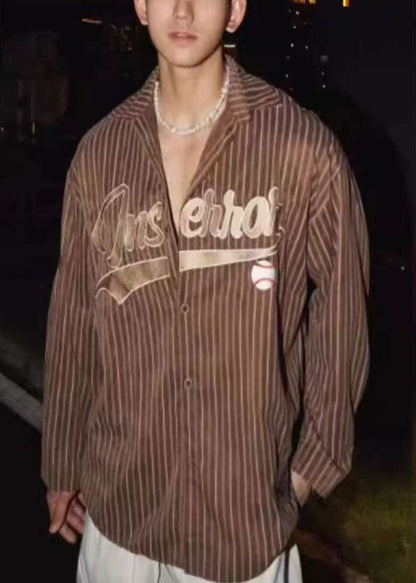 Loose Striped Men Shirts Cotton Letter Coffee Spring