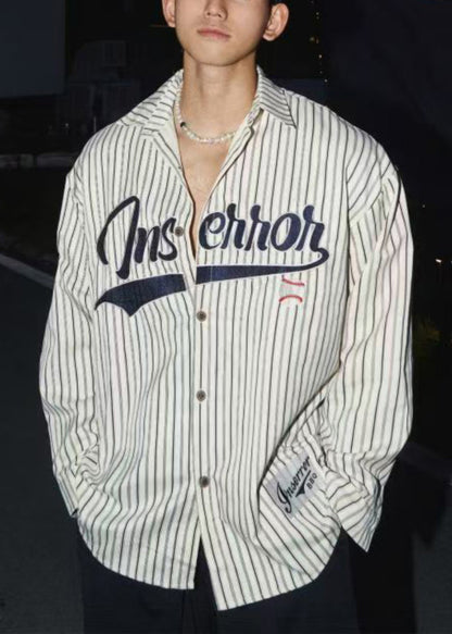 Loose Striped Men Shirts Cotton Letter Coffee Spring