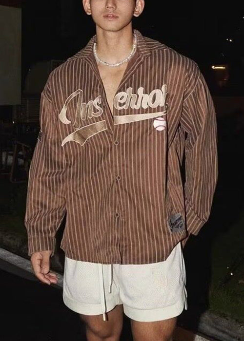 Loose Striped Men Shirts Cotton Letter Coffee Spring