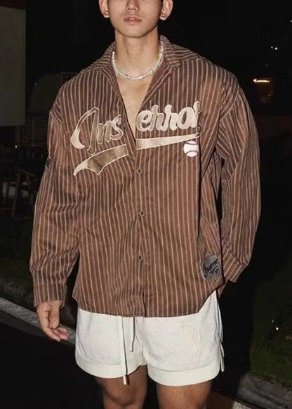 Loose Striped Men Shirts Cotton Letter Coffee Spring