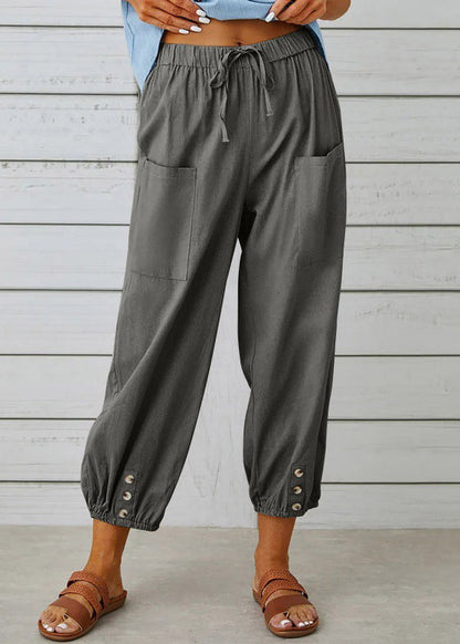 Pantalon court ample en coton gris foncé avec poches et taille élastique pour l'été QE048