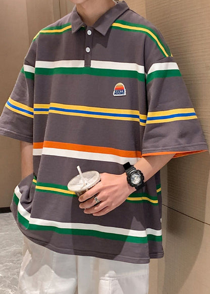 Half Sleeve Shirts Dark Gray Cotton Striped Loose Button Polo