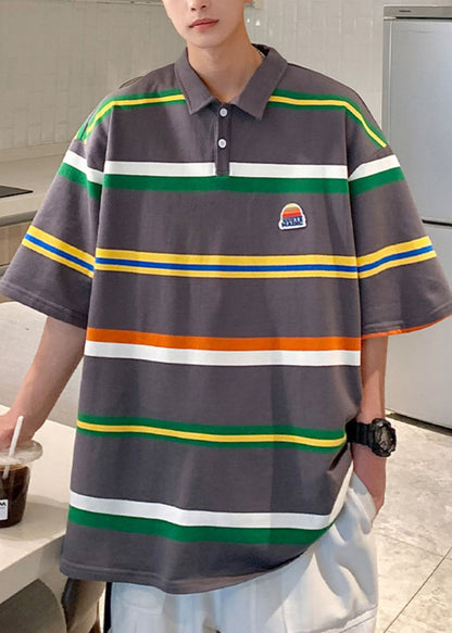 Half Sleeve Shirts Dark Gray Cotton Striped Loose Button Polo