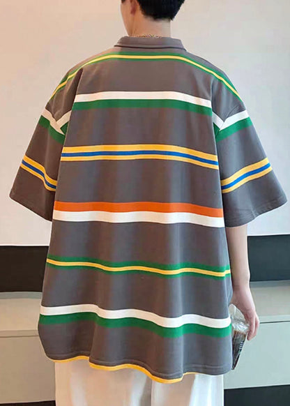 Half Sleeve Shirts Dark Gray Cotton Striped Loose Button Polo