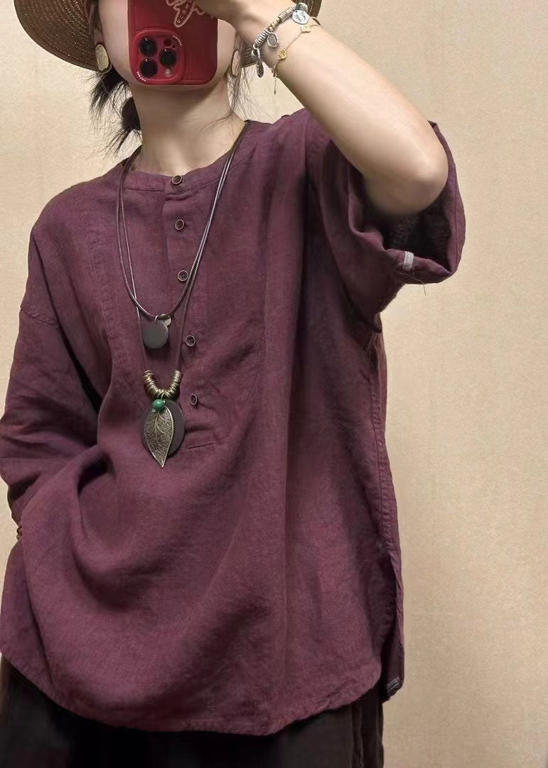 Loose Dark Red O-Neck Button Cotton Top Bracelet Sleeve FF038