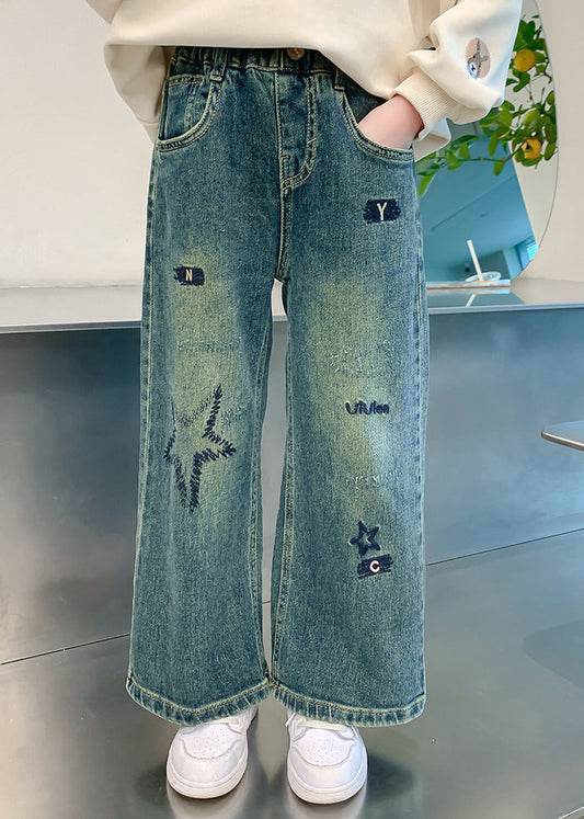 Loose Denim Blue Embroideried Elastic Waist Girls Wide Leg Pants TV016