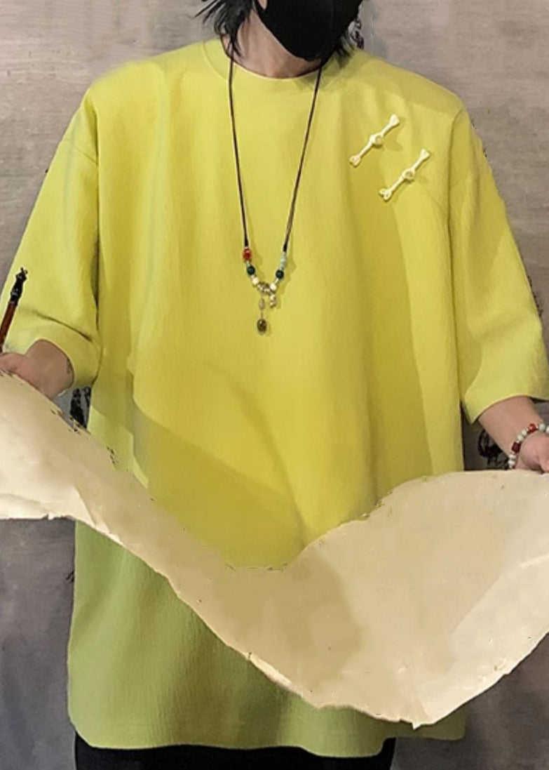 Cotton Button Green Fluorescent Shirts Loose Half Men T Solid