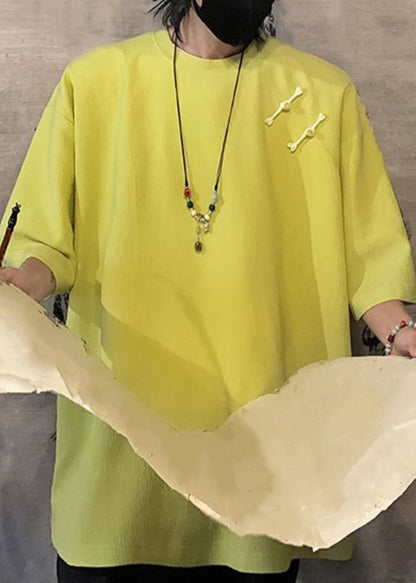 Cotton Button Green Fluorescent Shirts Loose Half Men T Solid