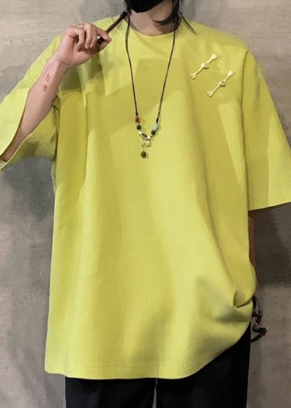 Cotton Button Green Fluorescent Shirts Loose Half Men T Solid