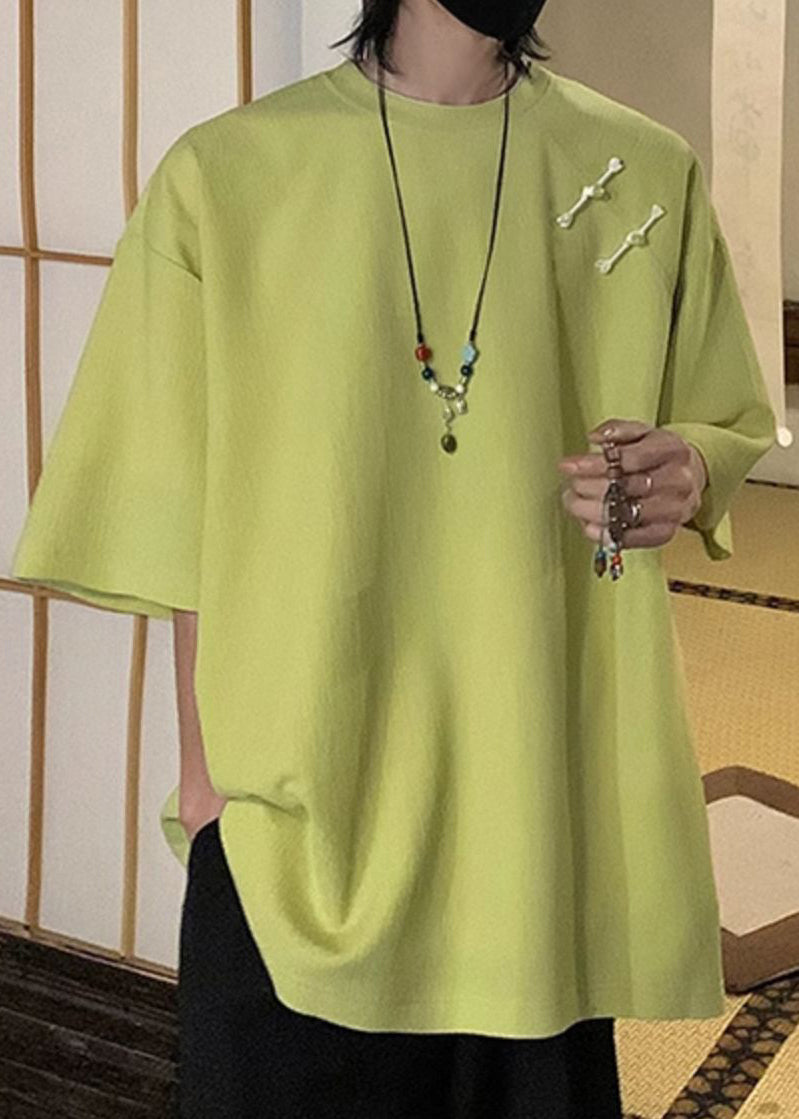 Cotton Button Green Fluorescent Shirts Loose Half Men T Solid