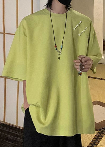 Cotton Button Green Fluorescent Shirts Loose Half Men T Solid