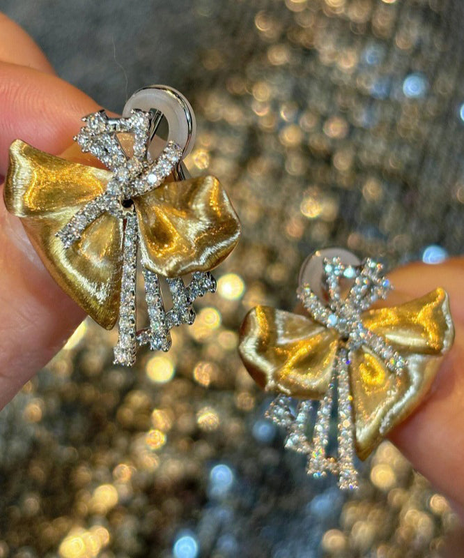 Loose Gold 14K Zircon Bow Stud Earrings QI051