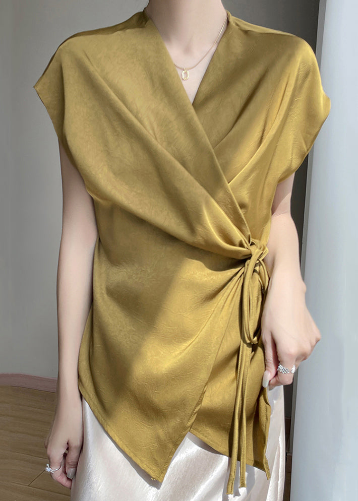 Loose Summer Lace V Up Silk Neck Gold Shirts