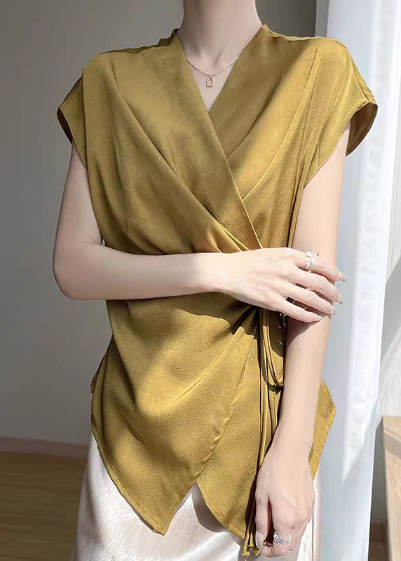 Loose Summer Lace V Up Silk Neck Gold Shirts