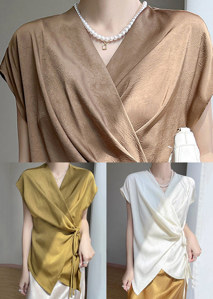 Loose Summer Lace V Up Silk Neck Gold Shirts