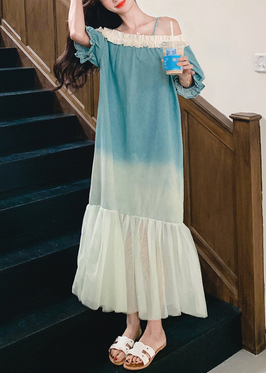 Loose Long Ruffled Gradient Patchwork Dresses Color Tulle