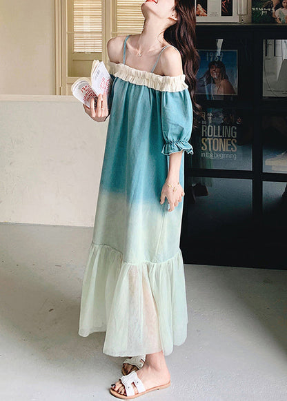 Loose Long Ruffled Gradient Patchwork Dresses Color Tulle