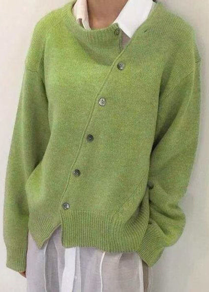 Button Coat Knit Asymmetrical Solid Green Loose Spring